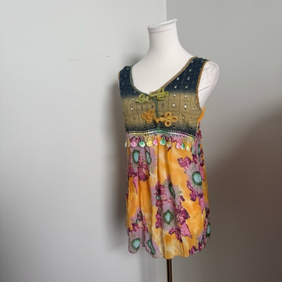 Vintage Boho Festival Tank Top – Patchwork Tie-Dye Floral Embroidered Tunic L - Picture 4 of 5